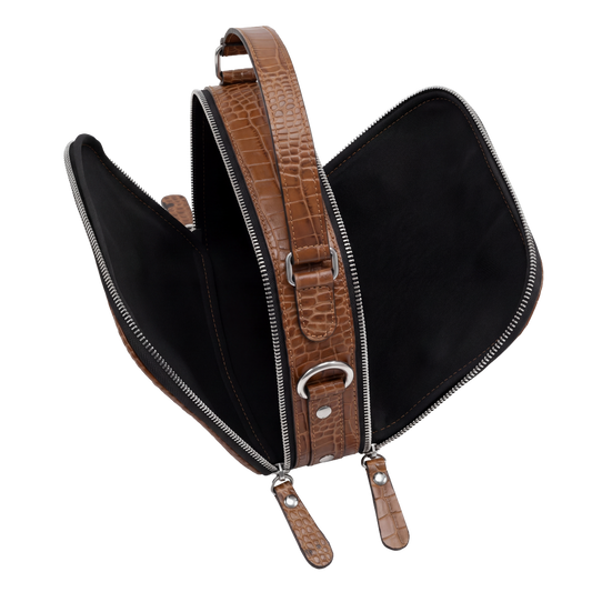 Premium Cognac Croc-Embossed Cube Crossbody