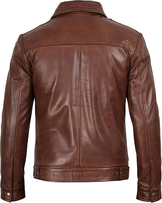 Men’s Lambskin Leather Jacket – Real Leather Moto Jacket with Shirt Collar | Classic Slim Fit Motorcycle Coat