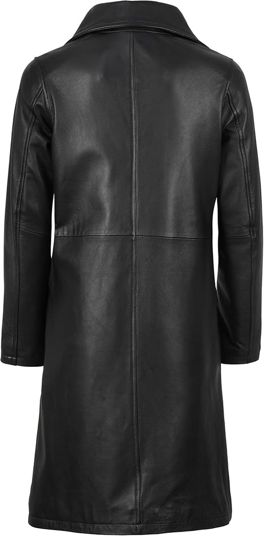 Women’s Long Genuine Lambskin Leather Car Coat – Premium Real Leather Button-Up Jacket