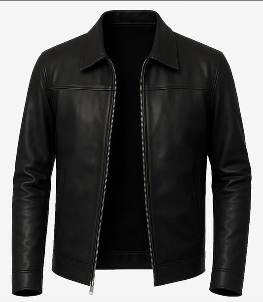 Premium Genuine Sheepskin Leather Jacket - Minimalist Black Harrington