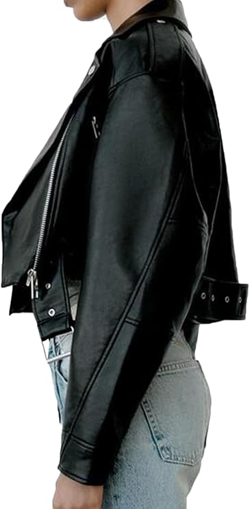 Women’s Goatskin Leather Cropped Biker Jacket – Short Moto Coat with Belt & Zipper Lapel