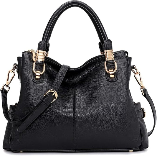 Women’s Genuine Top-Grain Leather Satchel Tote – Premium Pebbled Shoulder & Crossbody Handbag
