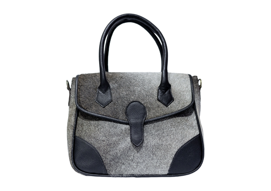 Midnight Noir Cowhide Satchel – Handcrafted Grey & Black Leather Luxury Bag