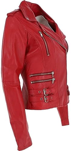 The Rebel Icon | Women's Genuine Sheepskin Biker Jacket - Cherry Red