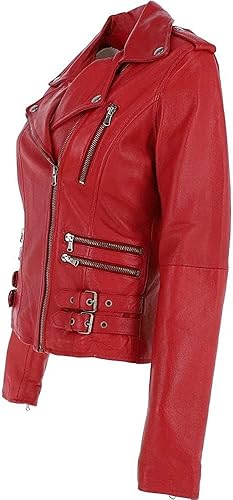The Rebel Icon | Women's Genuine Sheepskin Biker Jacket - Cherry Red