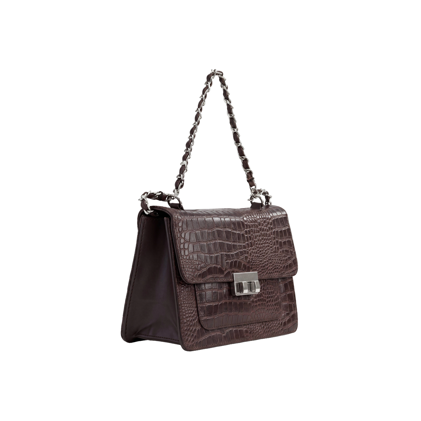 Mocha Croc-Embossed Heritage Satchel with Chain Strap