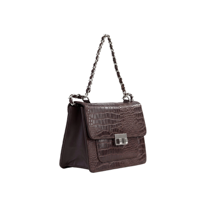 Mocha Croc-Embossed Heritage Satchel with Chain Strap
