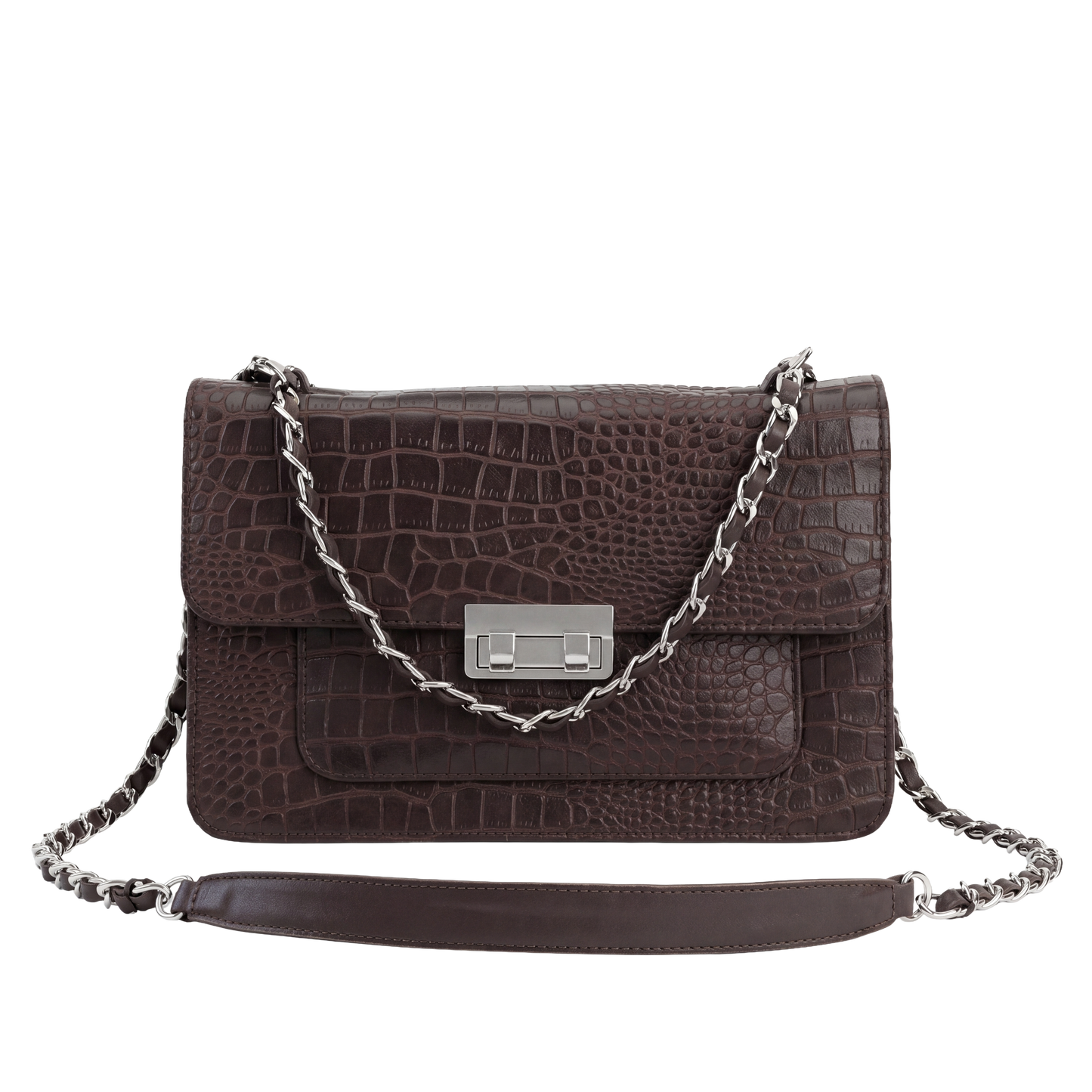 Mocha Croc-Embossed Heritage Satchel with Chain Strap