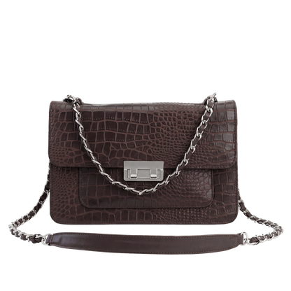 Mocha Croc-Embossed Heritage Satchel with Chain Strap