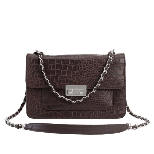 Mocha Croc-Embossed Heritage Satchel with Chain Strap