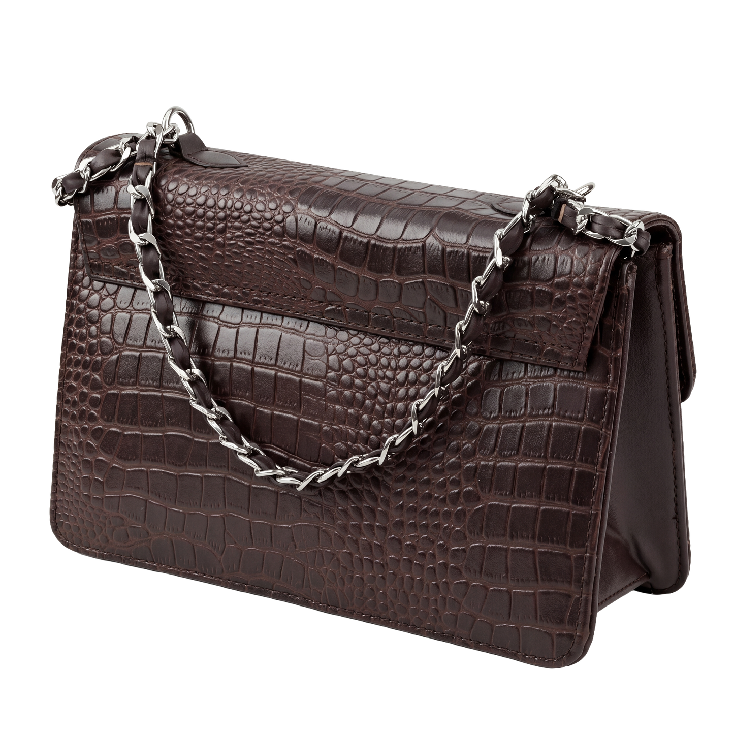 Mocha Croc-Embossed Heritage Satchel with Chain Strap
