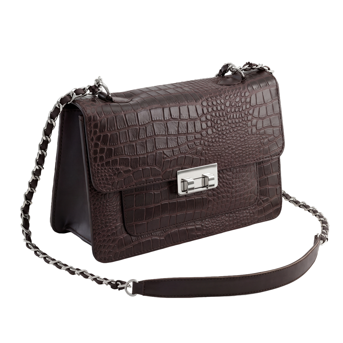 Mocha Croc-Embossed Heritage Satchel with Chain Strap