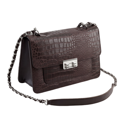 Mocha Croc-Embossed Heritage Satchel with Chain Strap