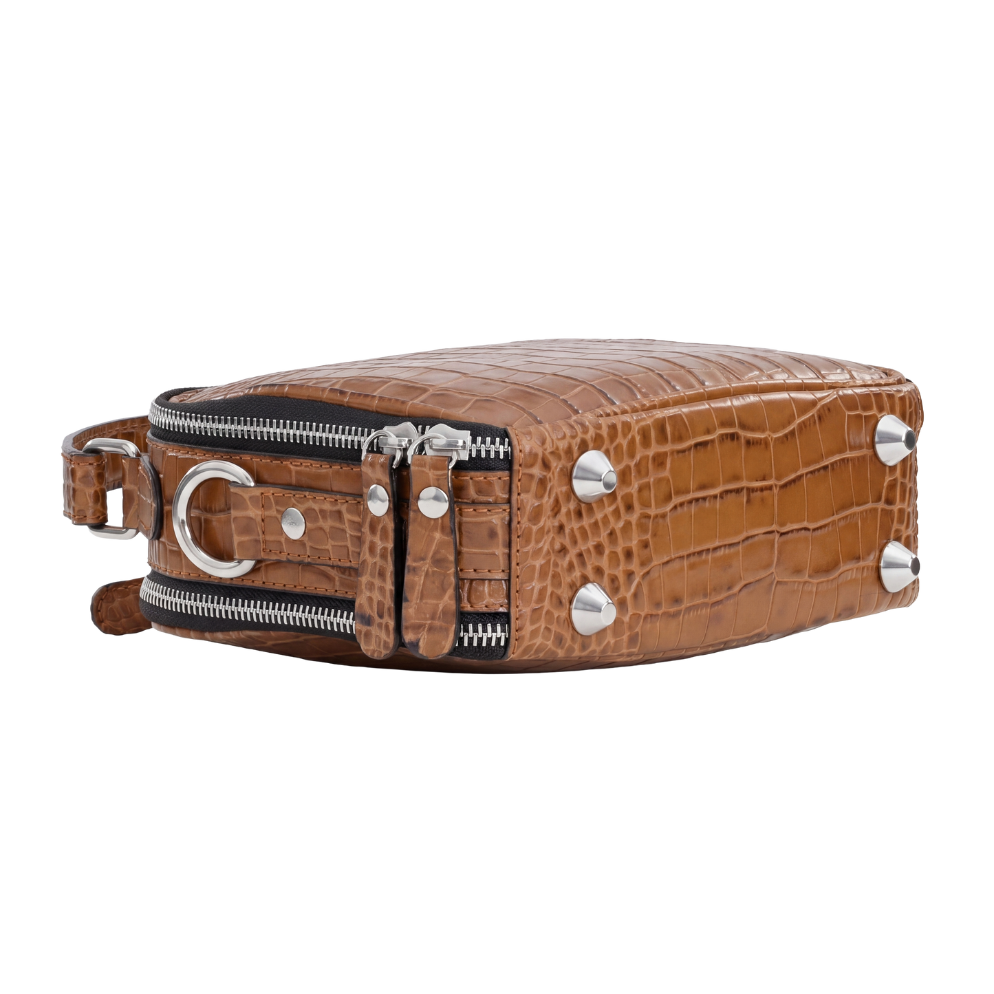 Premium Cognac Croc-Embossed Cube Crossbody