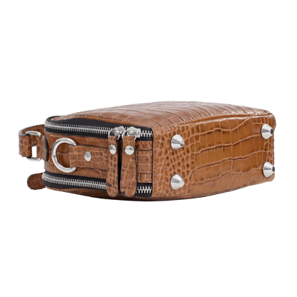 Premium Cognac Croc-Embossed Cube Crossbody