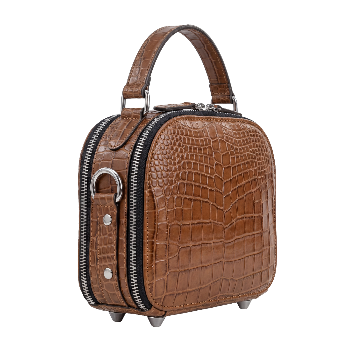 Premium Cognac Croc-Embossed Cube Crossbody
