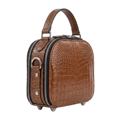 Premium Cognac Croc-Embossed Cube Crossbody