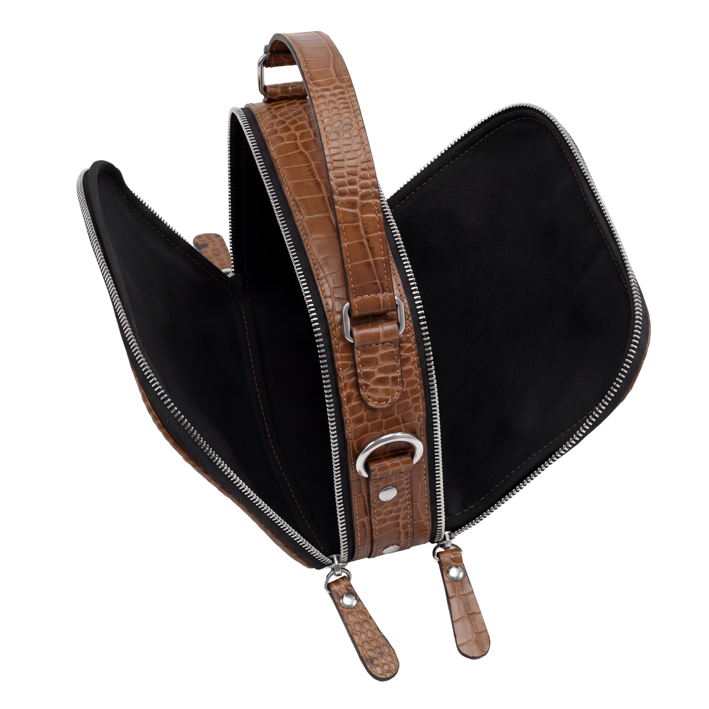 Premium Cognac Croc-Embossed Cube Crossbody
