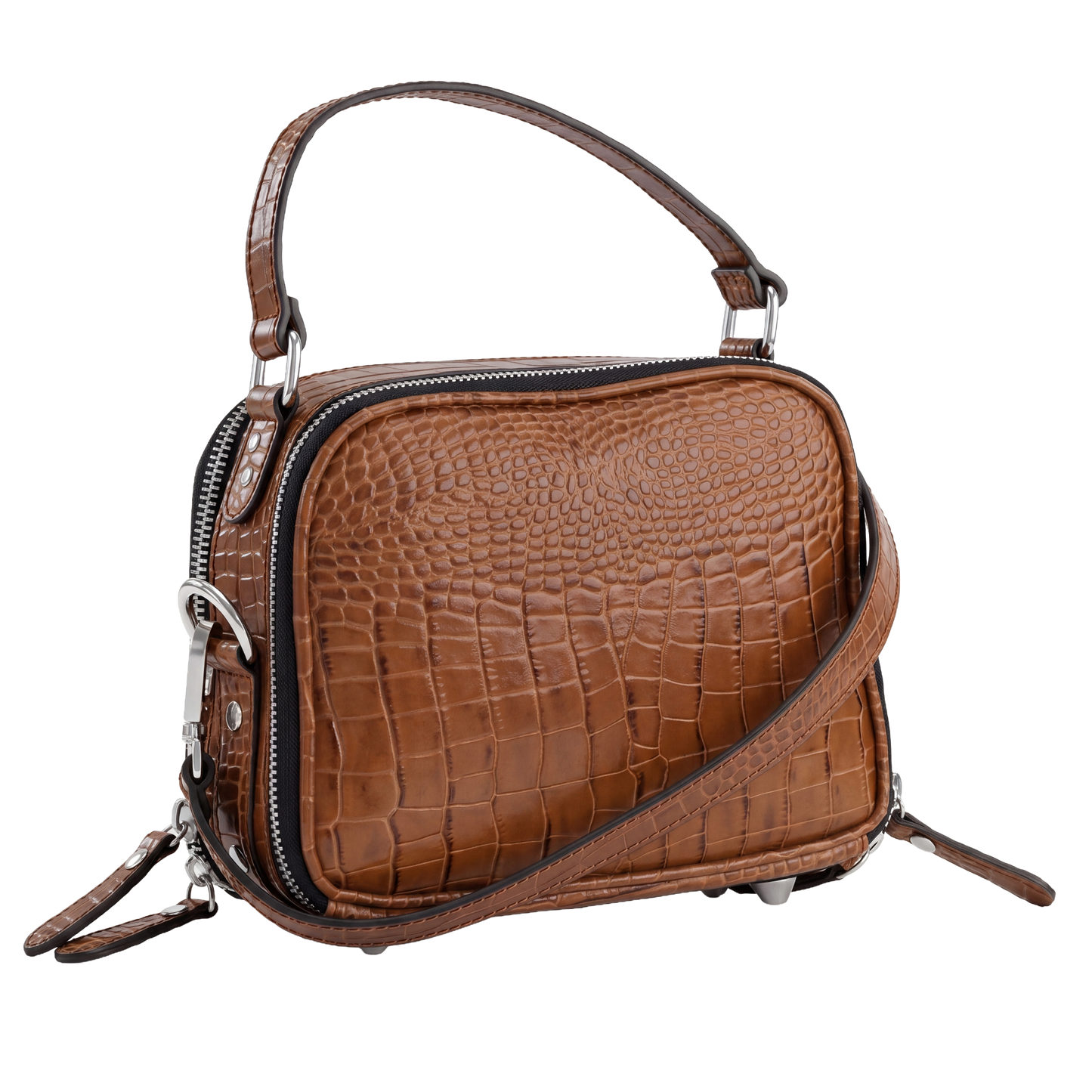 Premium Cognac Croc-Embossed Cube Crossbody