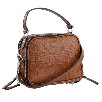 Premium Cognac Croc-Embossed Cube Crossbody