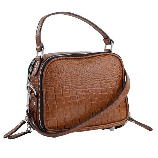 Premium Cognac Croc-Embossed Cube Crossbody