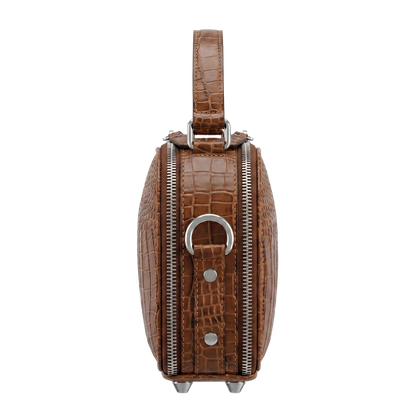 Premium Cognac Croc-Embossed Cube Crossbody