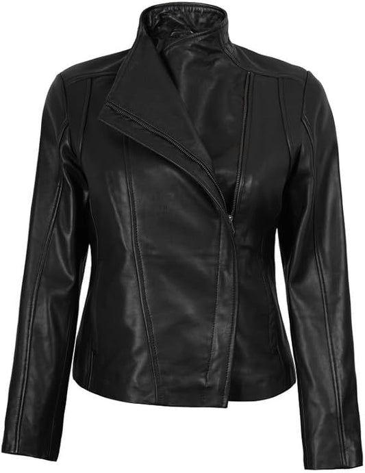 Women’s Asymmetrical Genuine Leather Jacket – Premium Real Sheepskin Moto Style Coat