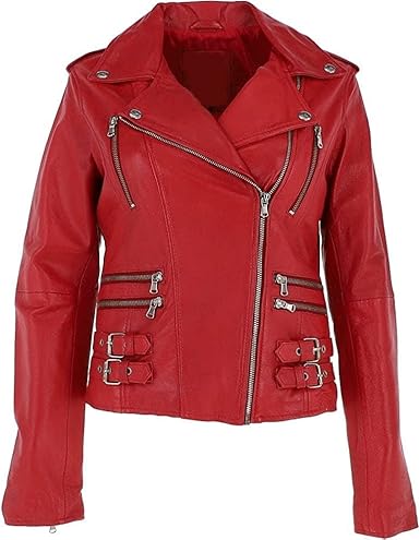 The Rebel Icon | Women's Genuine Sheepskin Biker Jacket - Cherry Red