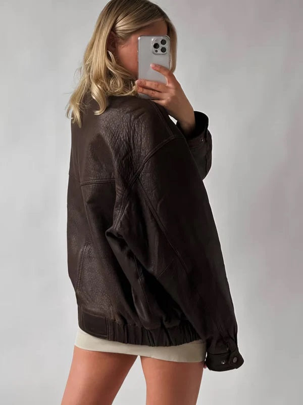 Women’s Oversized Genuine Leather Jacket – 100% Real Lambskin | Premium Soft Leather Coat with Zip Closure