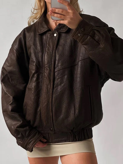 Women’s Oversized Genuine Leather Jacket – 100% Real Lambskin | Premium Soft Leather Coat with Zip Closure