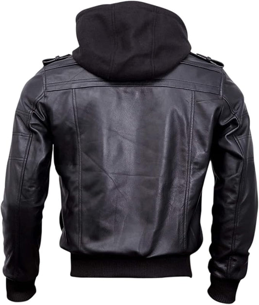Men’s Genuine Lambskin Leather Hooded Bomber Jacket – Removable Hood, Quilted Lining & Multi-Pocket Design