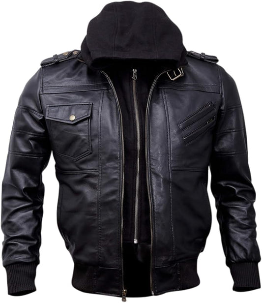 Men’s Genuine Lambskin Leather Hooded Bomber Jacket – Removable Hood, Quilted Lining & Multi-Pocket Design
