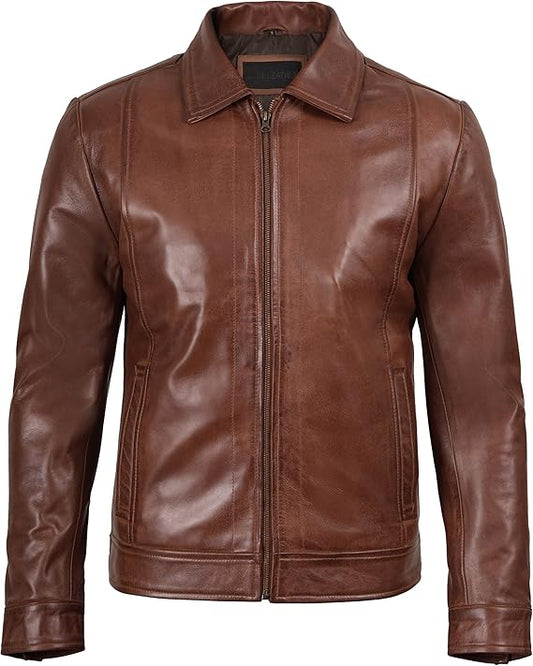 Men’s Lambskin Leather Jacket – Real Leather Moto Jacket with Shirt Collar | Classic Slim Fit Motorcycle Coat