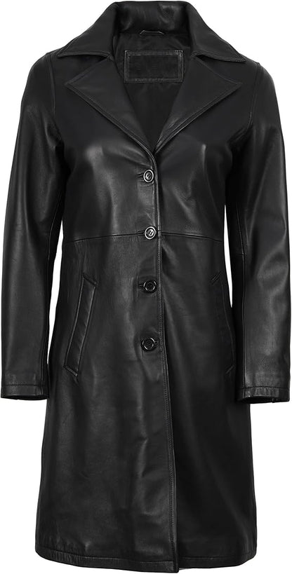 Women’s Long Genuine Lambskin Leather Car Coat – Premium Real Leather Button-Up Jacket