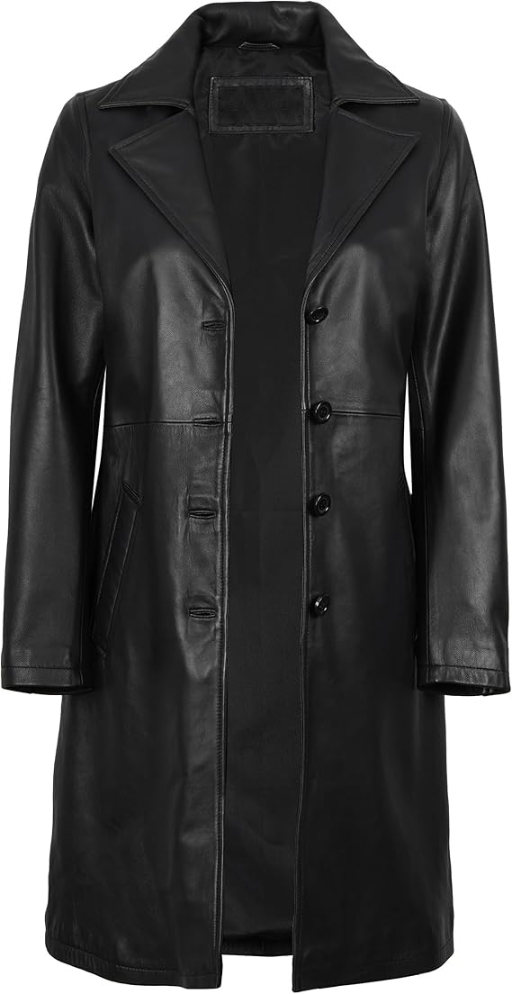 Women’s Long Genuine Lambskin Leather Car Coat – Premium Real Leather Button-Up Jacket