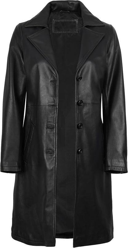 Women’s Long Genuine Lambskin Leather Car Coat – Premium Real Leather Button-Up Jacket