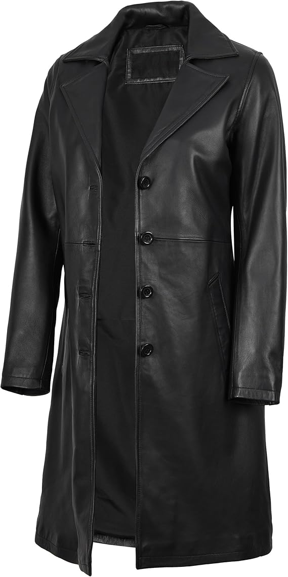 Women’s Long Genuine Lambskin Leather Car Coat – Premium Real Leather Button-Up Jacket