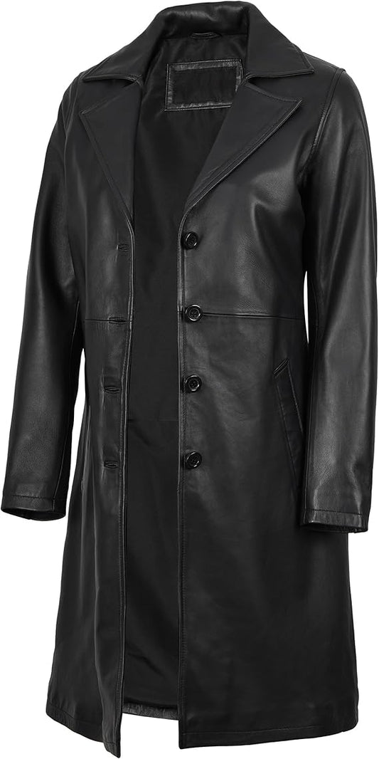 Women’s Long Genuine Lambskin Leather Car Coat – Premium Real Leather Button-Up Jacket