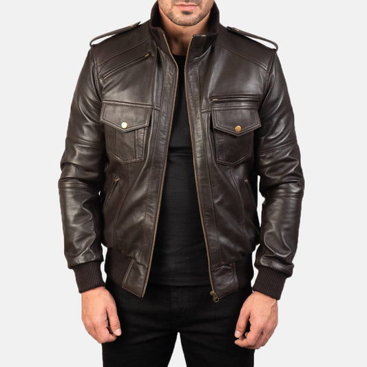 Welkin Leather “The Commander” Dark Chocolate Sheepskin Military Flight Bomber Jacket