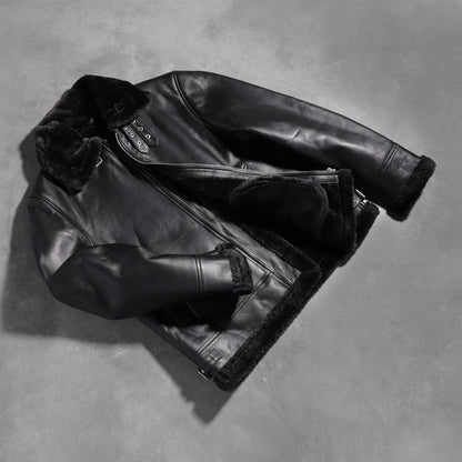 Black Aviator Shearling Flight Jacket – Genuine Sheepskin Leather