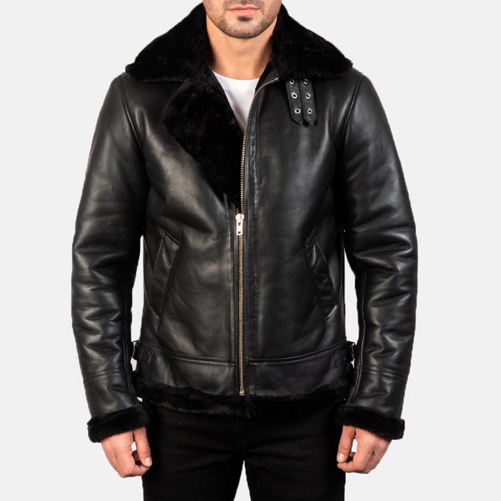 Black Aviator Shearling Flight Jacket – Genuine Sheepskin Leather
