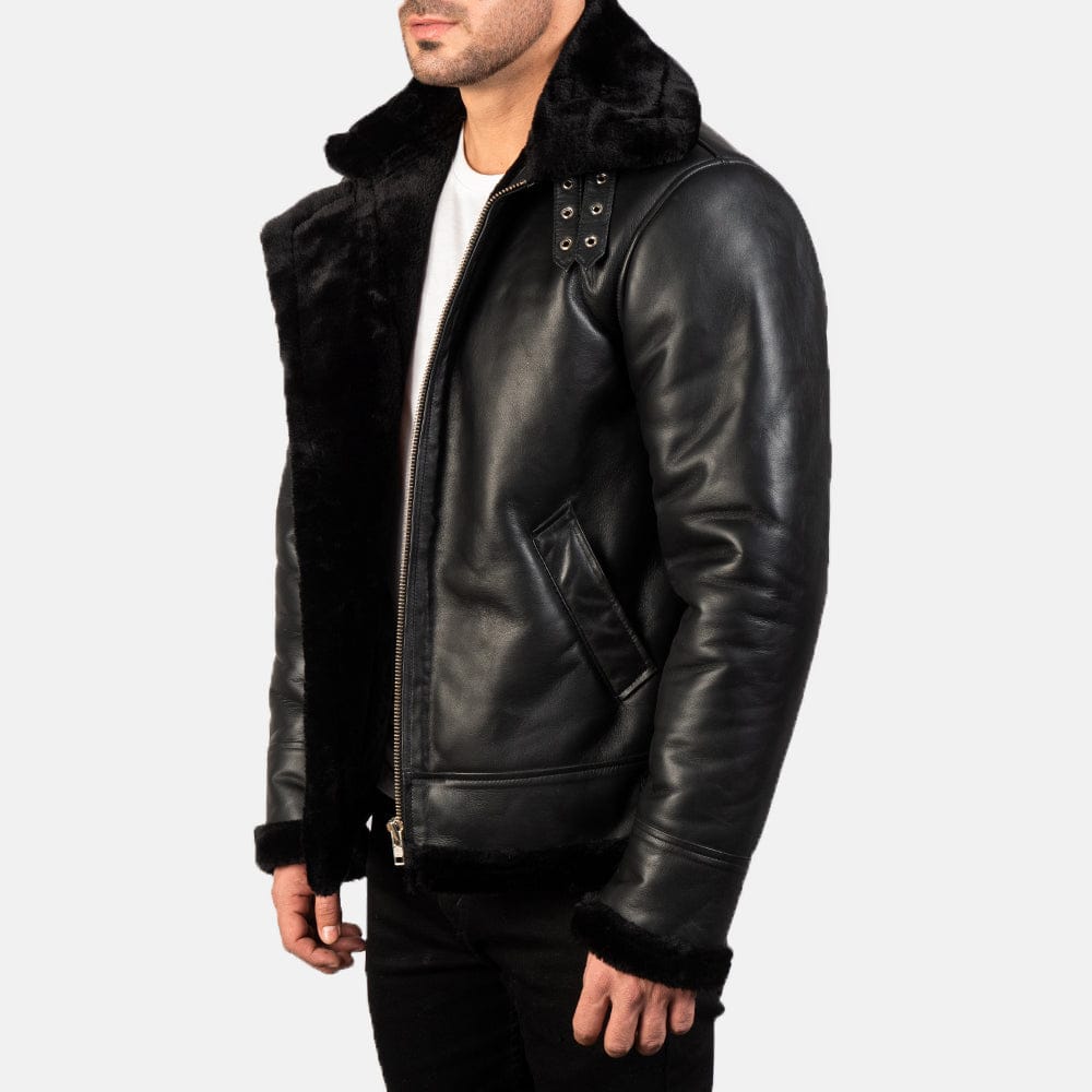 Black Aviator Shearling Flight Jacket – Genuine Sheepskin Leather