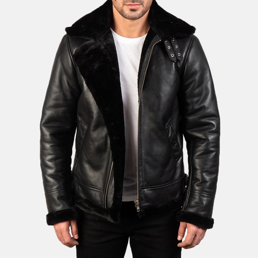 Black Aviator Shearling Flight Jacket – Genuine Sheepskin Leather