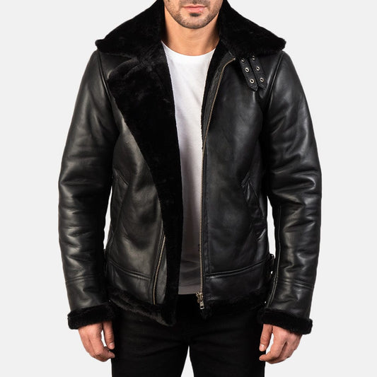 Black Aviator Shearling Flight Jacket – Genuine Sheepskin Leather