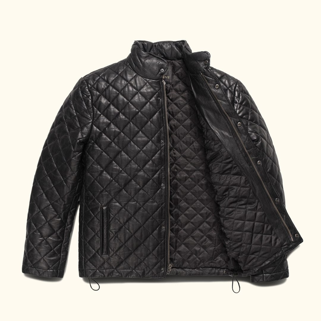 Men’s Diamond Quilted Genuine Sheepskin Leather Jacket - Black