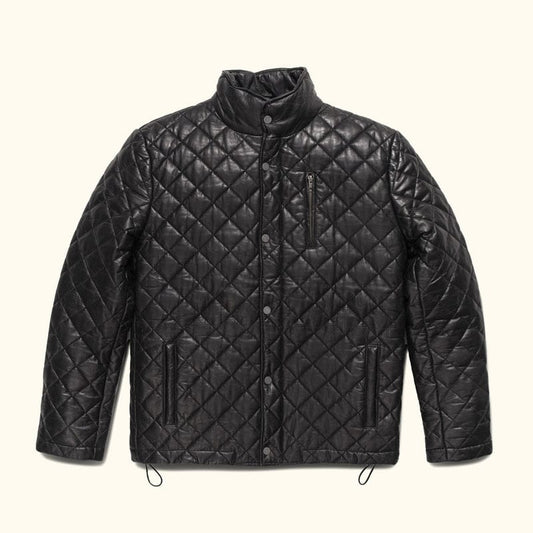 Men’s Diamond Quilted Genuine Sheepskin Leather Jacket - Black