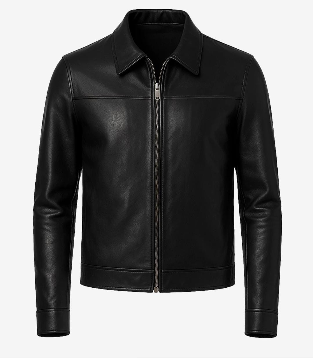 Premium Genuine Sheepskin Leather Jacket - Minimalist Black Harrington