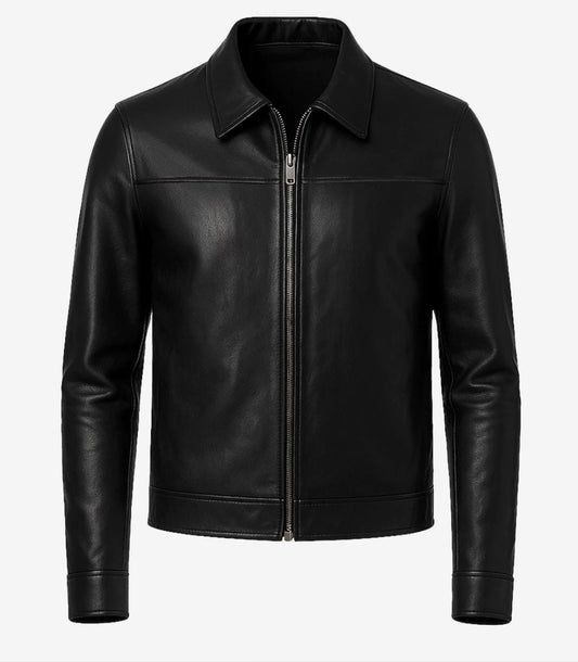 Premium Genuine Sheepskin Leather Jacket - Minimalist Black Harrington