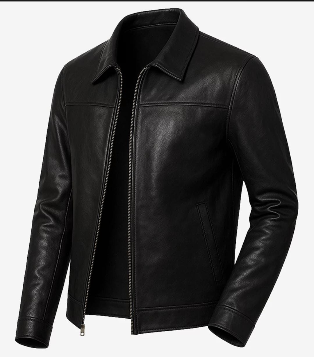 Premium Genuine Sheepskin Leather Jacket - Minimalist Black Harrington