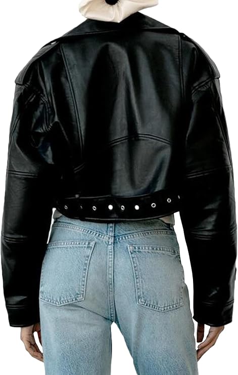 Women’s Goatskin Leather Cropped Biker Jacket – Short Moto Coat with Belt & Zipper Lapel